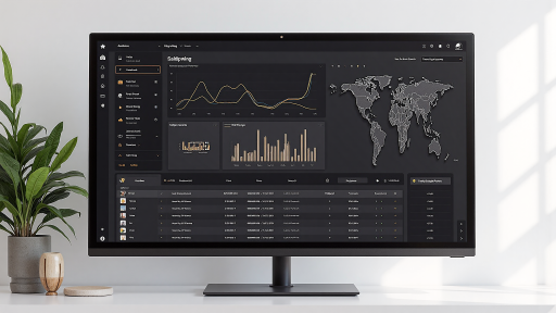 数据分析平台界面，深色主题，显示多个图表和数据可视化组件，包含折线图柱状图和饼图